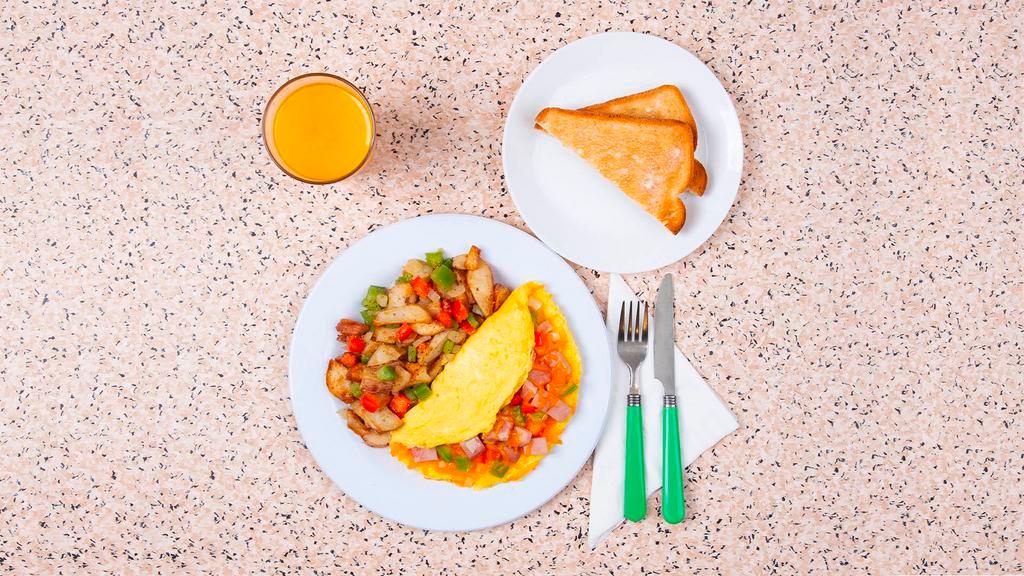 Western Omelette · Three egg omelette with melted cheddar, ham, onion, and bell peppers, served with buttered toast and your choice of breakfast potatoes.