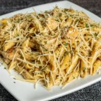 Jerk Alfredo · Spicy. Homemade jerk Alfredo sauce over freshly made penne with your choice of chicken or sh...