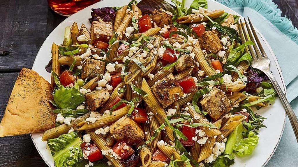 Family Pasta Pack (Friday - Sunday Only) · A bed of mixed lettuces with penne pasta and grilled chicken tossed in Balsamic Vinaigrette topped with tomatoes, feta, and fresh basil. Includes Hummus and pita. Feed 4-6 people. Only available Friday - Sunday