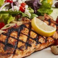 Grilled Salmon Family Feast For 6 · Seasoned chargrilled blackened salmon that includes a choice of salad with dressing, choice ...