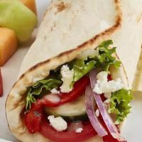 Greek Salad Gyro With Chicken · Tomatoes, cucumbers, roasted red peppers, red onions, mixed lettuce, feta, grilled chicken a...