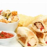 Grilled Chicken Roll Up · With tomato and feta in a griddled flour tortilla. Served with salsa, chips, and choice of a...