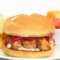 Grilled Chicken Sandwich · Served with feta cheese, grilled onions on a kaiser bun, chips, and choice of a side.