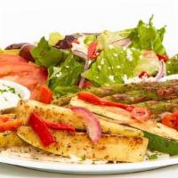 Grilled Veggie Feast · 910 calories. Grilled zucchini, squash, red peppers, red onions, asparagus, and tomatoes, se...