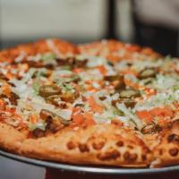 Veggie Pizza (14In Large) · Red sauce, mozzarella, onion, banana pepper, green pepper, mushroom, spinach, and tomato.