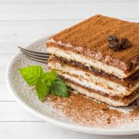 Tiramisu · Fluffy cake layered with cream and seasoned with cocoa and coffee.