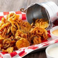 Crispy Opj Bucket · Combo of crispy onion straws, fried pickle chips and fried sliced jalapeños served with Road...