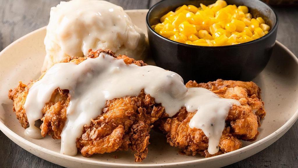 Country Style Buttermilk Chicken · Hand-breaded, all-natural chicken breasts fried & topped with white pepper gravy.