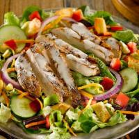 Party Pack Grilled Chicken Salad · Mesquite grilled chicken over mixed greens, tomatoes, cheddar cheese, red onions, cucumbers,...