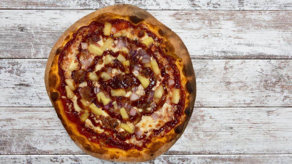 Hawaiian Shirt Day Pizza · Pineapple, bacon, red onions, shredded Mozzarella, Italian tomato sauce and bbq drizzle.