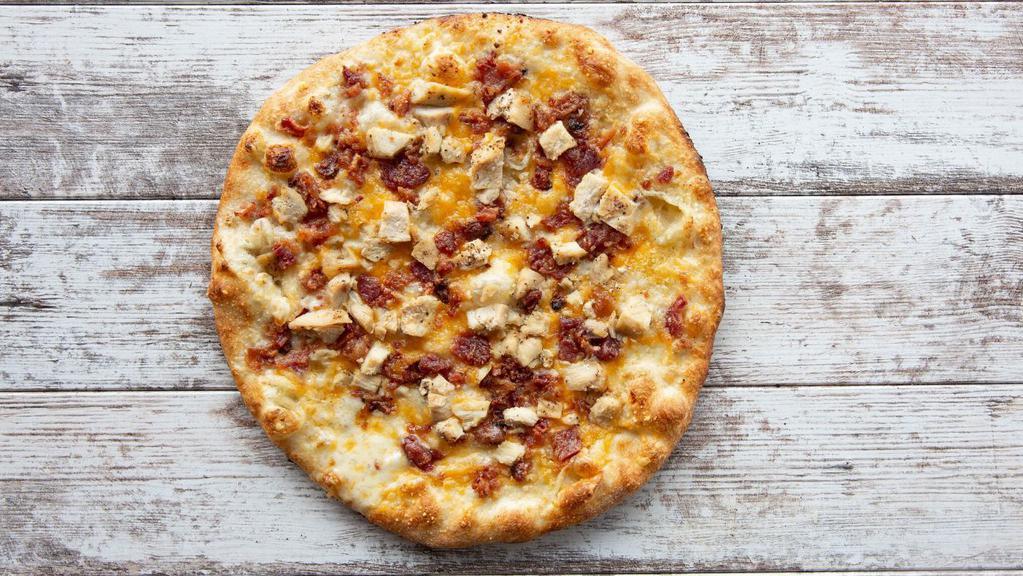 Chicken Bacon Cheddar · Garlic and olive oil, cheddar cheese, oven roasted chicken & bacon.