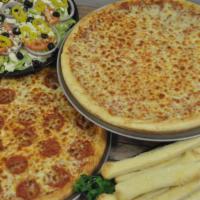 Meal Deal (Half Topping) · Two large one topping pizzas. Bread sticks and sauce and family sized salad.