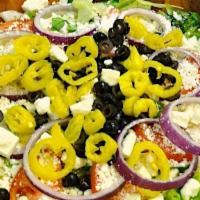 Greek Salad (Individual) · Lettuce, feta cheese, tomatoes, red onions, black olives, and rings.
