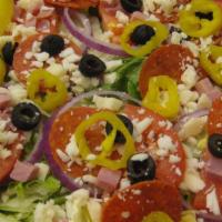 Antipasto Salad (Family) · Lettuce, ham, pepperoni, tomatoes, provolone, red onions, black olives and rings.