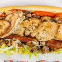 Chicken Deluxe · Grilled Chicken Breast, Thick Cut Applewood Smoked Bacon, sautéed, Mushroom, Cheese, Lettuce...