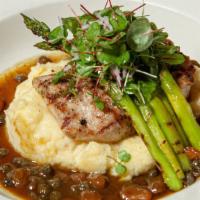 Grilled Mahi Mahi · roasted asparagus, herb mashed, gremolata