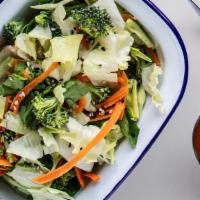 Small Drum Salad · Broccoli, carrot, cilantro, spinach, iceberg lettuce, sesame seeds, with chili lime vinaigre...
