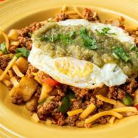 Chorizo Hash · Chicken chorizo, breakfast potatoes, red  peppers, onions, black beans, and cheddar cheese t...