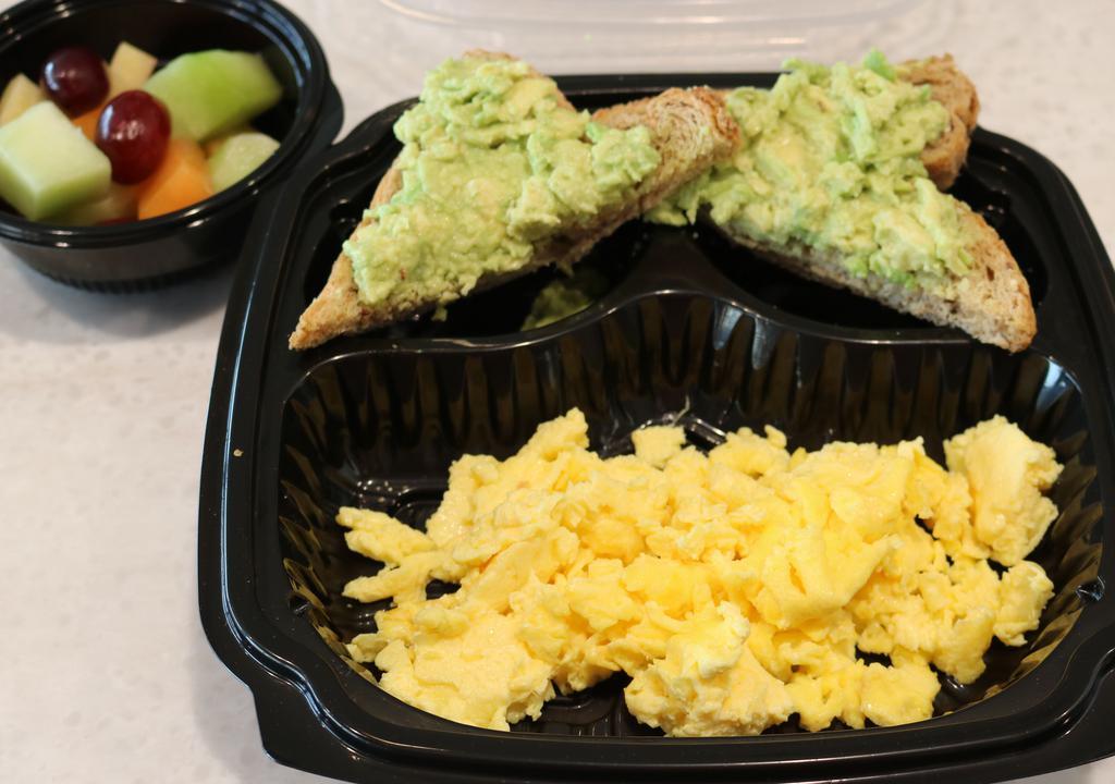 California Dreamer · Whole wheat toast topped with fresh smashed avocado, diced tomatoes and sprinkled with sea salt.  Served with 2 eggs and choice of side.