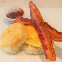 Bacon Egg & Cheese Biscuit · Biscuit sandwich with all-natural, nitrate free, applewood smoked pork bacon, scrambled egg ...