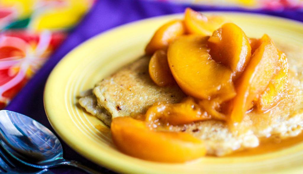 Single Organic Oatmeal Pancake · with Peach Compote