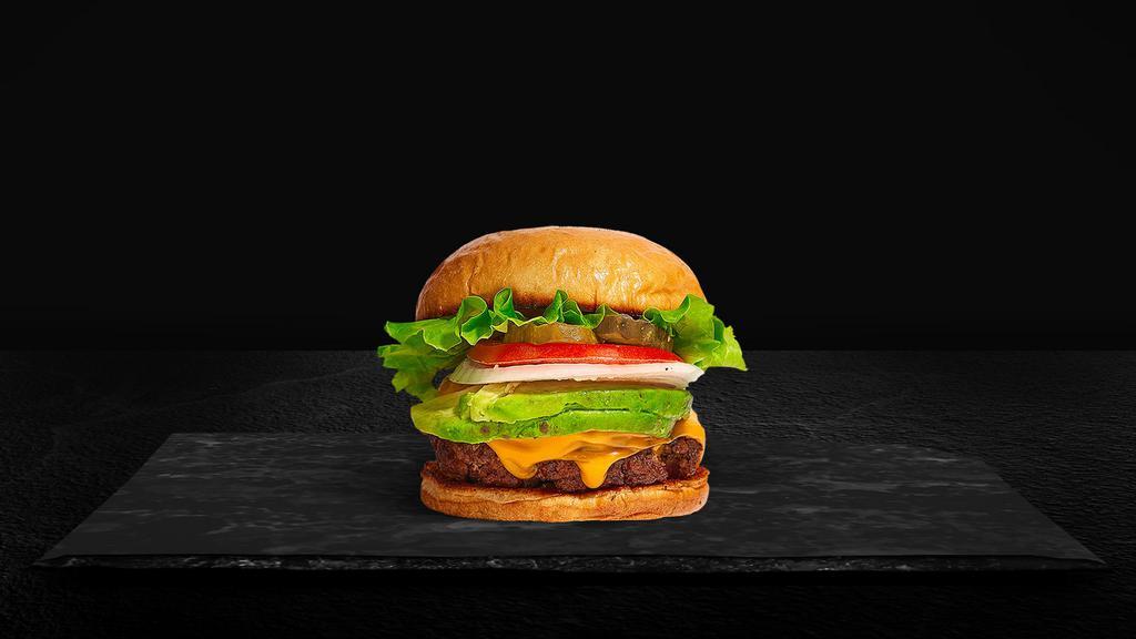 Avocado Burger · American beef patty topped with avocado, melted cheese, lettuce, tomato, onion, and pickles. Served on a warm bun.