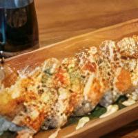 Shrimp Tempura Roll · Shrimp tempura, crab stick, avocado, spicy mayonnaise, sesame seeds, and masago topped with ...