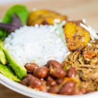 Latin Bowl (Build Your Own) · Build your own bowl- Your choice of protein, black or pinto beans, sweet plantains, fresh av...
