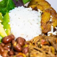 Latin Bowl · Rice, beef or chicken , red beans or black beans, plantation , cheese, avocado, lettuce,pico...