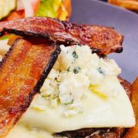 Blue Cheese Bacon Burger · Blue cheese, smoky bacon, and swiss cheese.