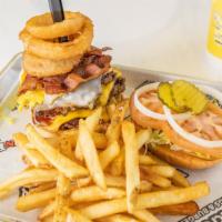 The Factory Burger  · Our namesake The Factory . Triple Patty all Angus Beef, Triple Cheese (American and Swiss), ...