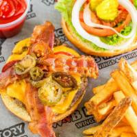 Bacon & Jalapeño Burger · Smoky bacon, American cheese, jalapeños.