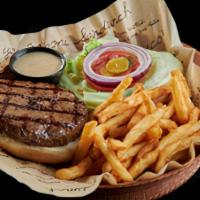 3 Blend Burger · Fresh Angus Blend Burger + lettuce + onions + tomatoes + pickles + french fries