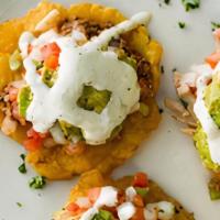 The Trio · Pork,Ground Beef, Chicken: Each served on a bed of tostones + guacamole + cilantro sauce + p...