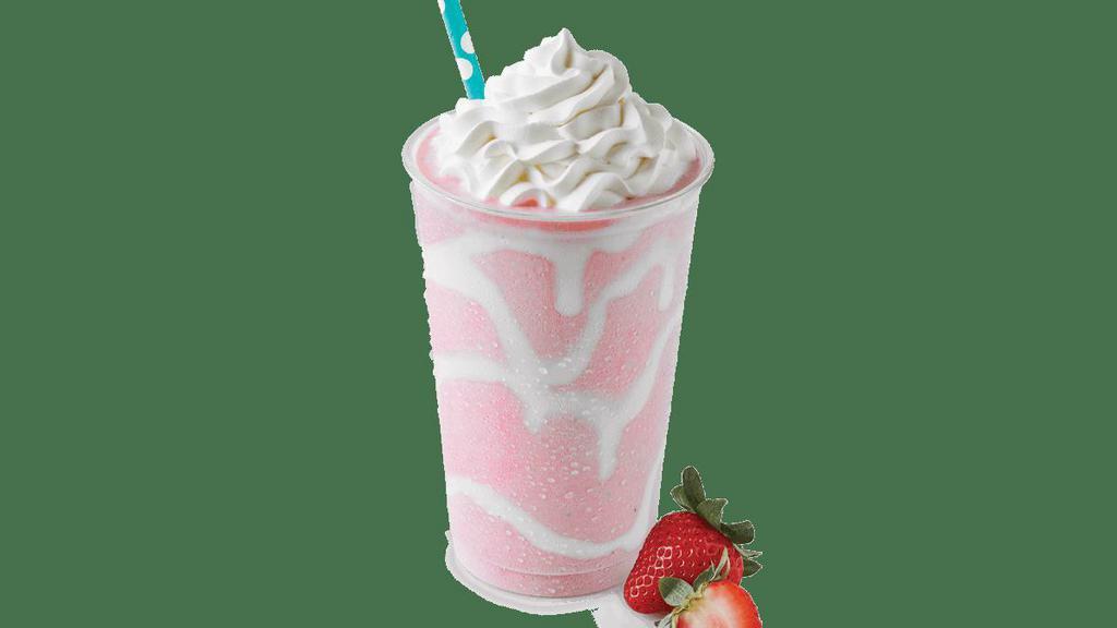 Strawberry Shake · Marshmallow cream swirl and Strawberry Ice Cream topped with whipped cream and garnished with a strawberry.