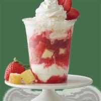 Strawberry Short Cake Sundae · Sweet Cream Ice Cream, yellow cake pieces, and strawberry syrup, topped with whipped cream a...