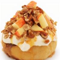 Caramel Apple Pie Roll* · caramel frosting topped with fresh apples, pecans, homemade pie crumble and caramel sauce