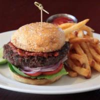 Tavern Burger · Our Classic, Simple and Seasoned Perfectly, Romaine, Red Onion, Roma Tomato, Tomato Bacon Ja...
