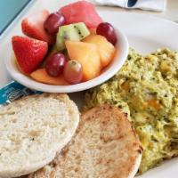 Green Eggs · Eggs scrambled with pepper Jack, cheddar cheese, and pesto (made fresh with pine nuts, fresh...