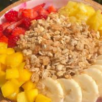 Miami Bowl · Base: açaí, plant-based milk, mango. Toppings: mango, banana, strawberries, pineapple, grano...