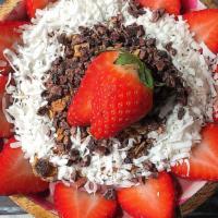 Chocolate Bowl · Base: açaí, plant-based milk, mango. Toppings: chocolate granola, strawberry, coconut shreds...