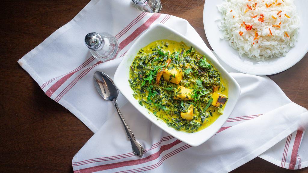 Saag Paneer · Contains Dairy Product. Chopped 'Saag' (Spinach) prepared in a delightfully light cream sauce with cubed Paneer (Indian Cheese).
