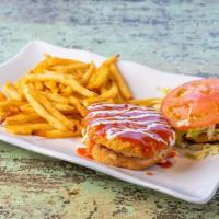 Buffalo Chicken Sandwich · This is one kickin’ chicken! A crispy breaded and baked chicken breast tossed in our medium ...