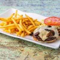 The Trippy Hippy Burger · A half-pound steak burger smothered with sautéed mushrooms and melted Swiss cheese, topped w...