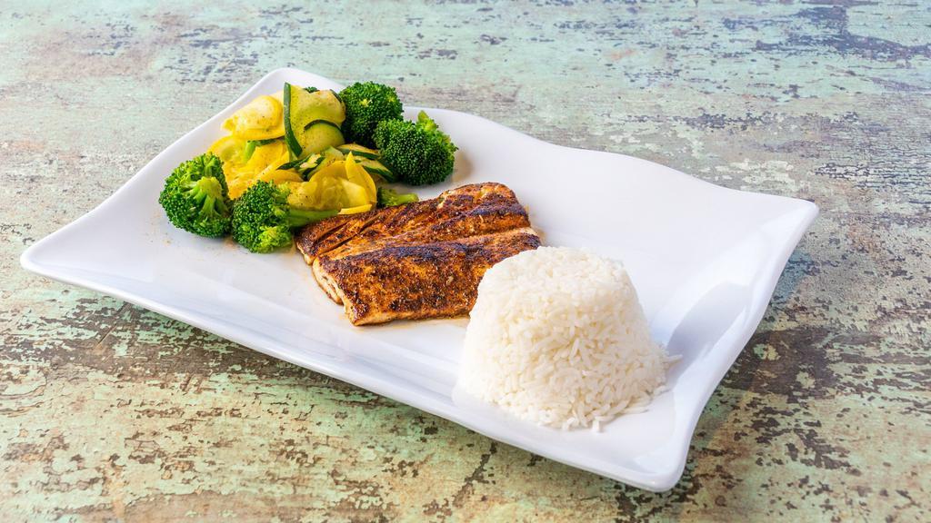 Blackened Mahi Mahi · A juicy 6 oz filet of blackened fish deliciousness served with steamed seasonal veggies and your choice of our Reggae or Jasmine rice. Nuff Said.