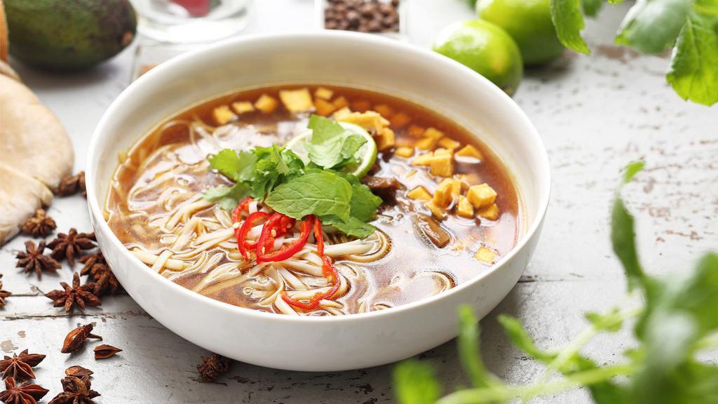 Vegetable Pho · Seasonal, sliced veggies and rice noodles with your choice of one of our slow simmered broths. Served with fresh, thinly sliced raw onions, crunchy bean sprouts, jalapeños and fresh basil and herbs. Chili sauce and oyster sauce available on request.