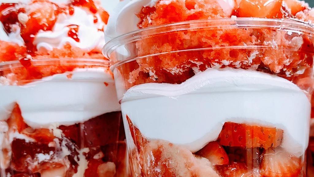 Strawberry Shortcake Cheesecake Cup · Layers on layers of strawberry cake, cheesecake, whip cream!