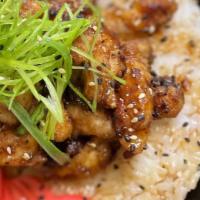 Gingeryaki Rice Bowl · Grilled chicken, scallion, pickled red radish, sweet soy reduction, sesame seed and Japanese...