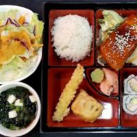 Salmon Teriyaki Lunch Box 日本三文盒 · Pan seal Salmon fillet shower with sweet teriyaki sauce finished with sesame seed, served wi...