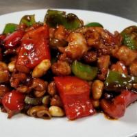 Lunch Kung Pao Chicken午餐*宫宝鸡丁 · Dark meat dices chicken sautéed in spicy🌶 brown sauce with peanut, bell pepper and chopped ...